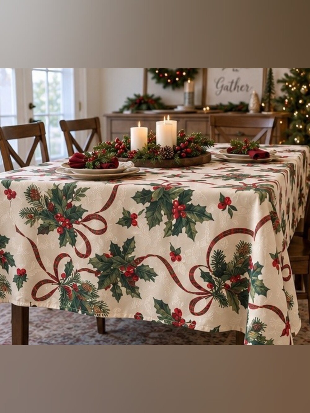 🌺 2/$30 Christmas Tablecloth 60” x 64” Holly Berries Tartan Ribbon Holiday